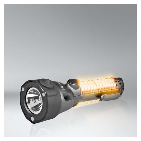 Vasaljós með viðvörunarljósi og neyðarhamri